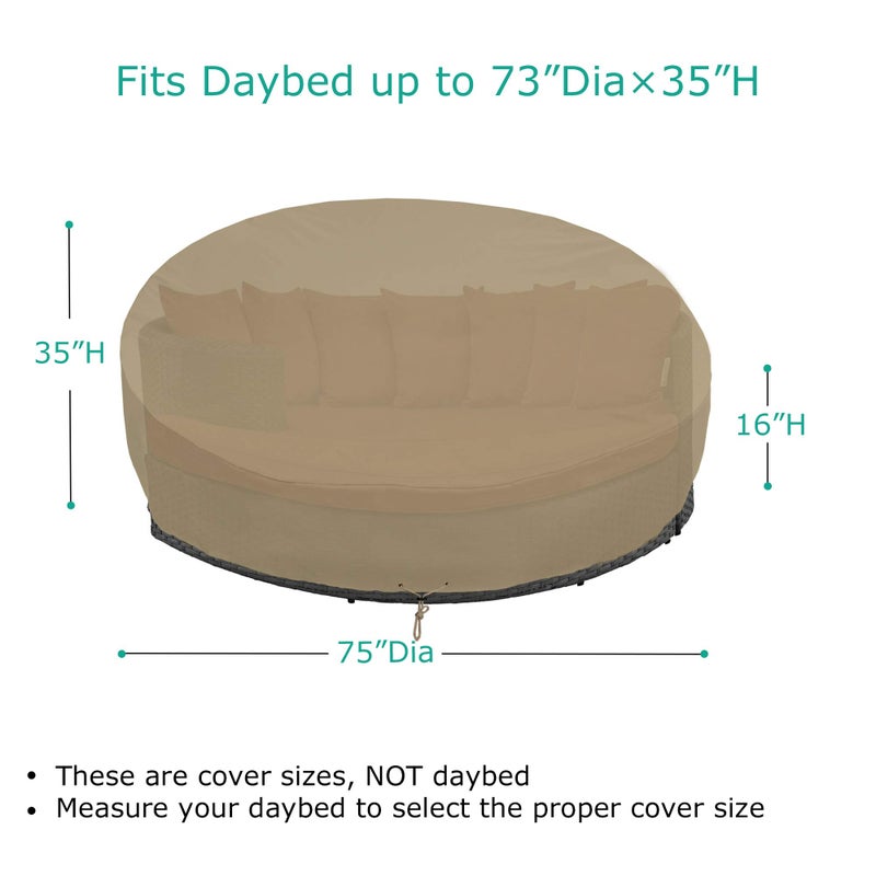 SunPatio Heavy Duty FadeStop Outdoor Round Daybed Cover 75 Inch, Patio Day Bed Sofa Cover Waterproof, All Weather Protection Round Canopy with Taped Seam, 75" Dia x 35"/16â€H, Taupe - Image 2